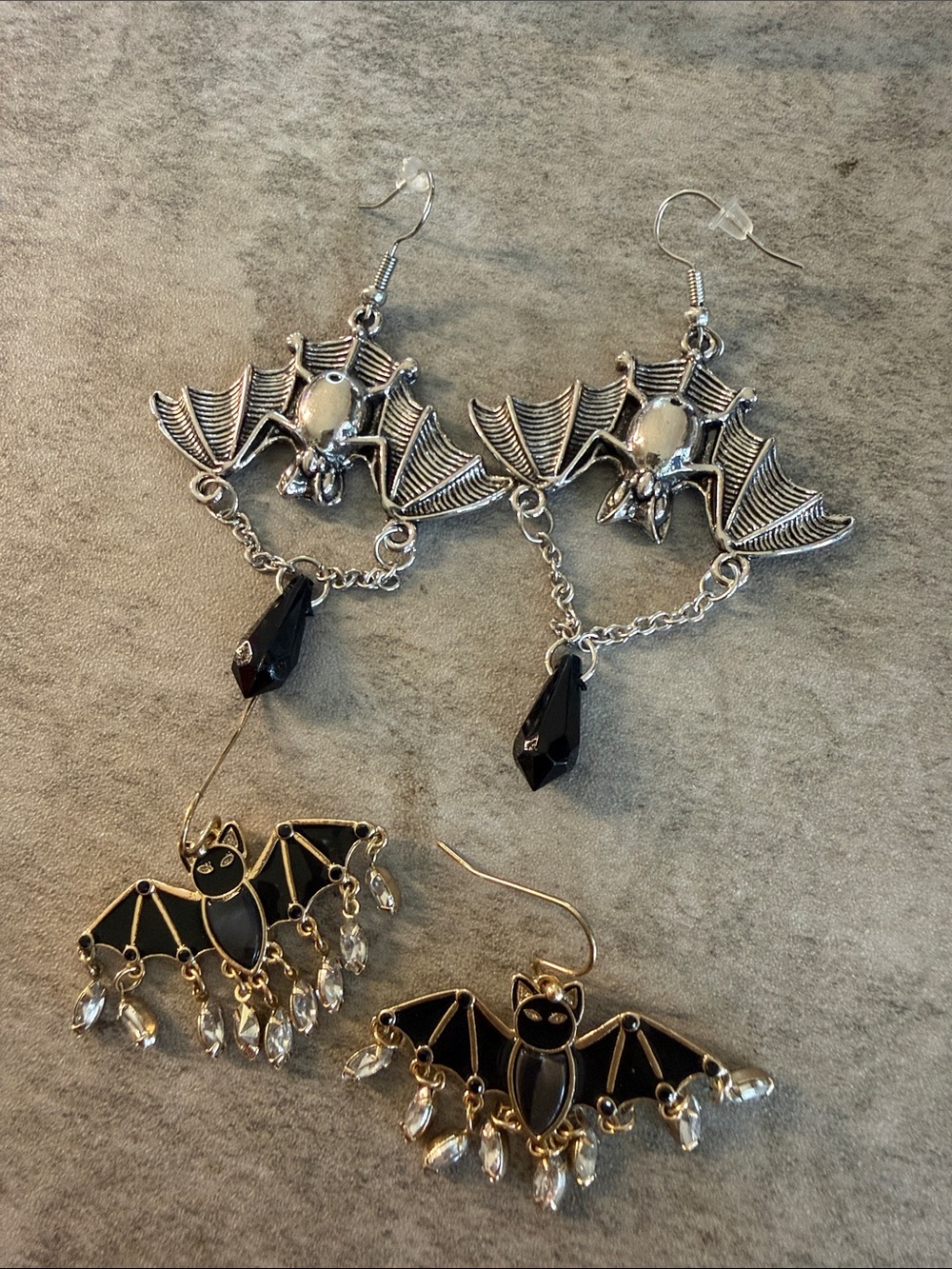 Silver and Black Bat Dangle Earrings - Women's Jewelry